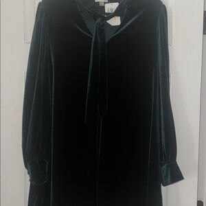 Calvin Klein Dark Green Velvet Midi Dress with Tie Neck